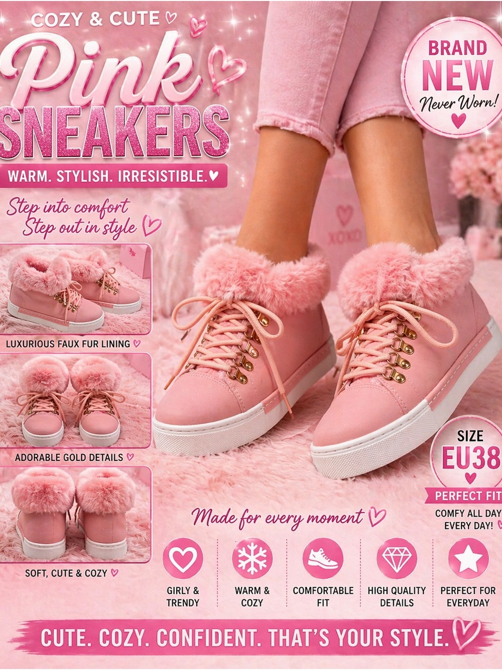 💗 Pink Fur-Lined Sneakers 💗 Cozy Luxe Winter Shoes – EU 38 – NEW